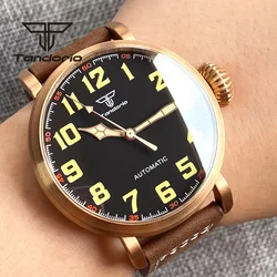 Tandorio 46.5mm PT5000 NH35A Real CUSN8 Solid Bronze Automatic Diving Wristwatch for Men Sapphire Glass Black Dial Leather Strap