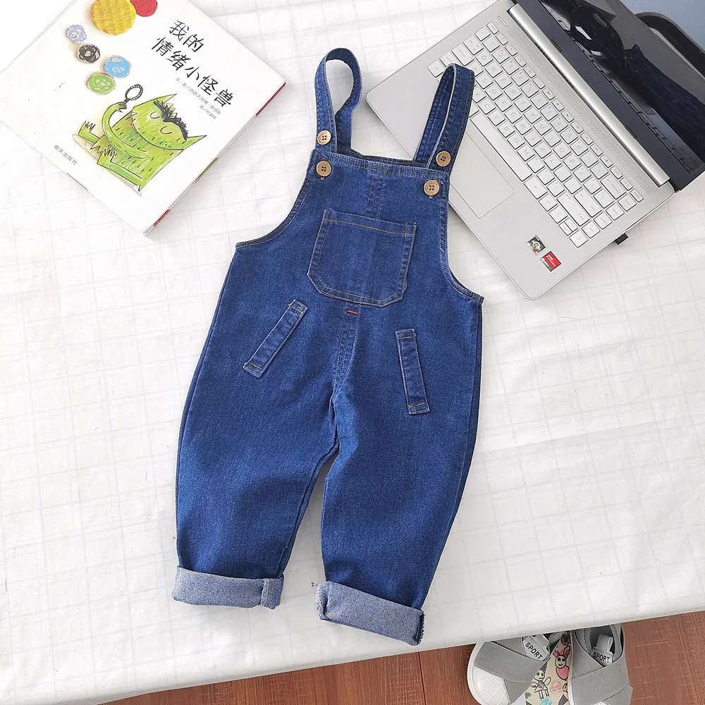 DIIMUU Boy Girl Overalls Kids Denim Pants Casual Dungarees Long Trousers Solid Color Jumpsuit for 2-5 Years