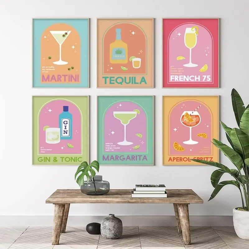 Cocktail Martini Gin Champagne Tequila Wall Art Canvas Painting Nordic Posters and Prints Wall Picture for Bar Living Room Decor