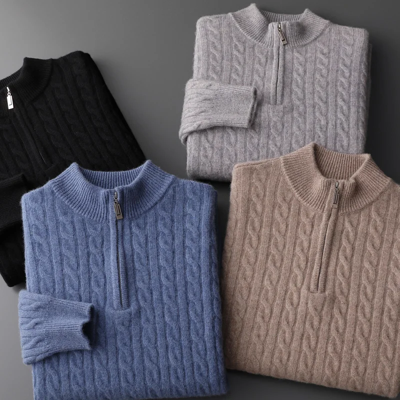 

Half Zipper Jacquard Men's 7GG Thick Mock Neck 100% Merino Wool Knitwear Pullovers Casual Soft Warm Exquisite Sweater Tops