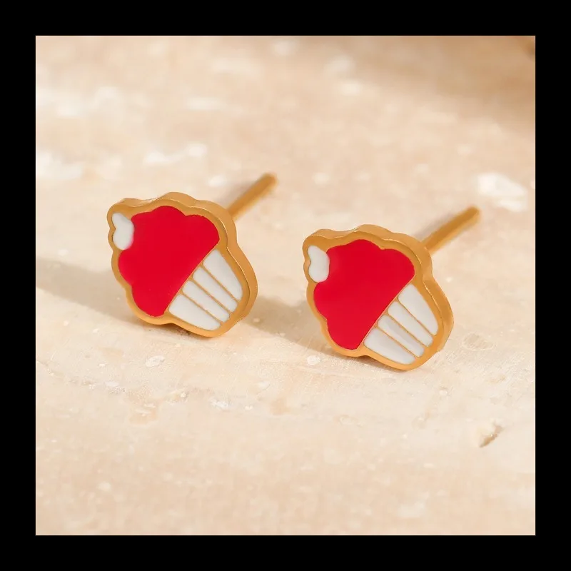 الإبداعية اللون يقطر الفولاذ المقاوم للصدأ وأقراط حلوة لطيف الكرتون الفاكهة كعكة أقراط صغيرة #3