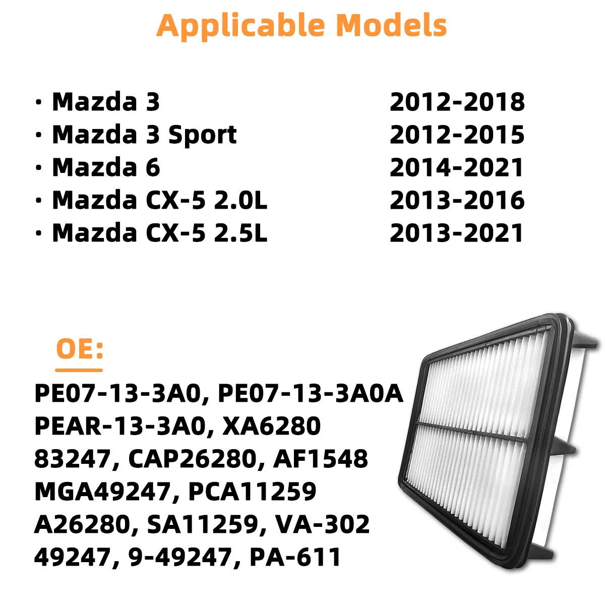 Auto-Motorluftfilter CA11259 Passend für Mazda 3 Sport 2012-2018, 6 2014-2021, CX-5 2013-2021, PE07-13-3A0A, PEAR-13-3A0, MGA49247 – Detail 6
