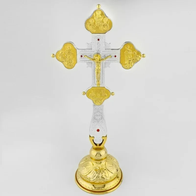 Hot SalesGold Plated Russia Greece Orthodox Colorful Stones Metal Lord Jesus Christ Standing Crucifix Church Decoration Orthodox