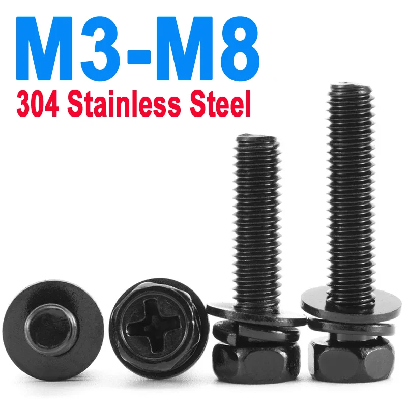 

M3 M4 M5 M6 M8 Black 304 Stainless Steel External Hexagon Cross Screw Gasket Spring Washer Three Combination Bolt