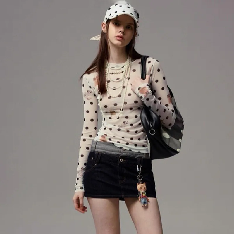 كل جديد وصول المرأة تنوعا الحيوان البولكا نقطة طباعة شبكة شير الخصر تحديد طويلة الأكمام البنطال القصير شيك الشارع الشهير #3