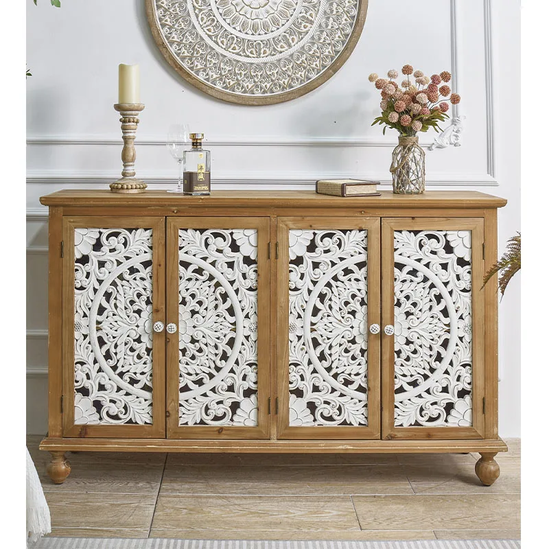 

HOME Dining Room Large Rustic Hand Carved Door Natural Colour Wood Sideboard Cabinet