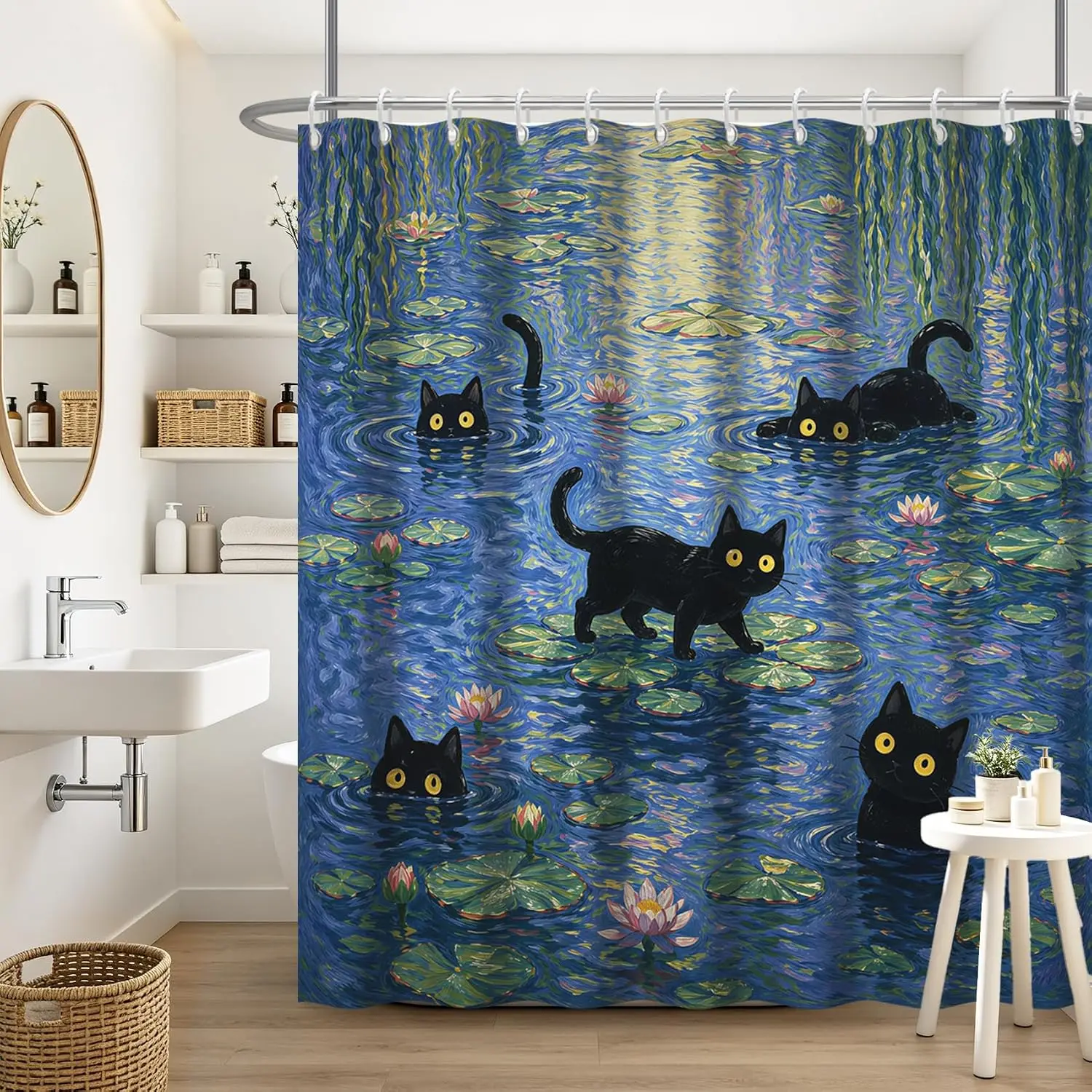 Whimsical Black Cat Lily Pad Pond Shower Curtain Bath Decor Waterproof Art Bathroom Curtain 180x180cm