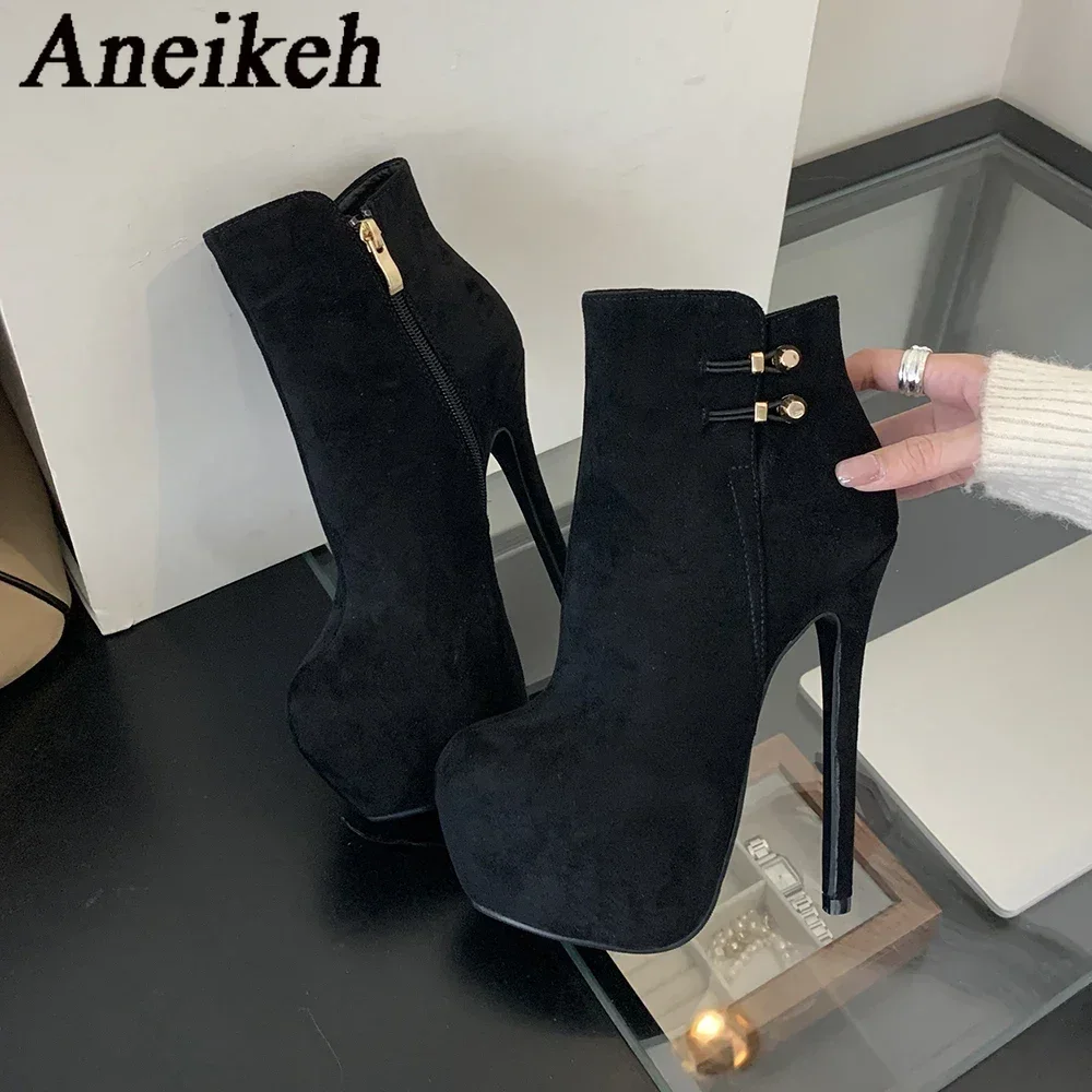 Aneikeh Platform Ankle Boots for Women Metal Decoration Round Toe Fashion 16CM High Heel Design Autumn Club Stripper Pumps Shoe