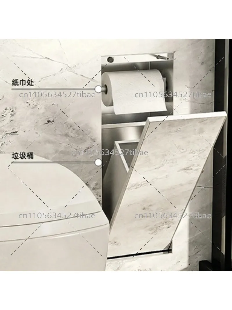 

Stainless Steel Wall Niche Bathroom Storage Rack with Trash Can Built-in Metal Cabinet Beside Toilet