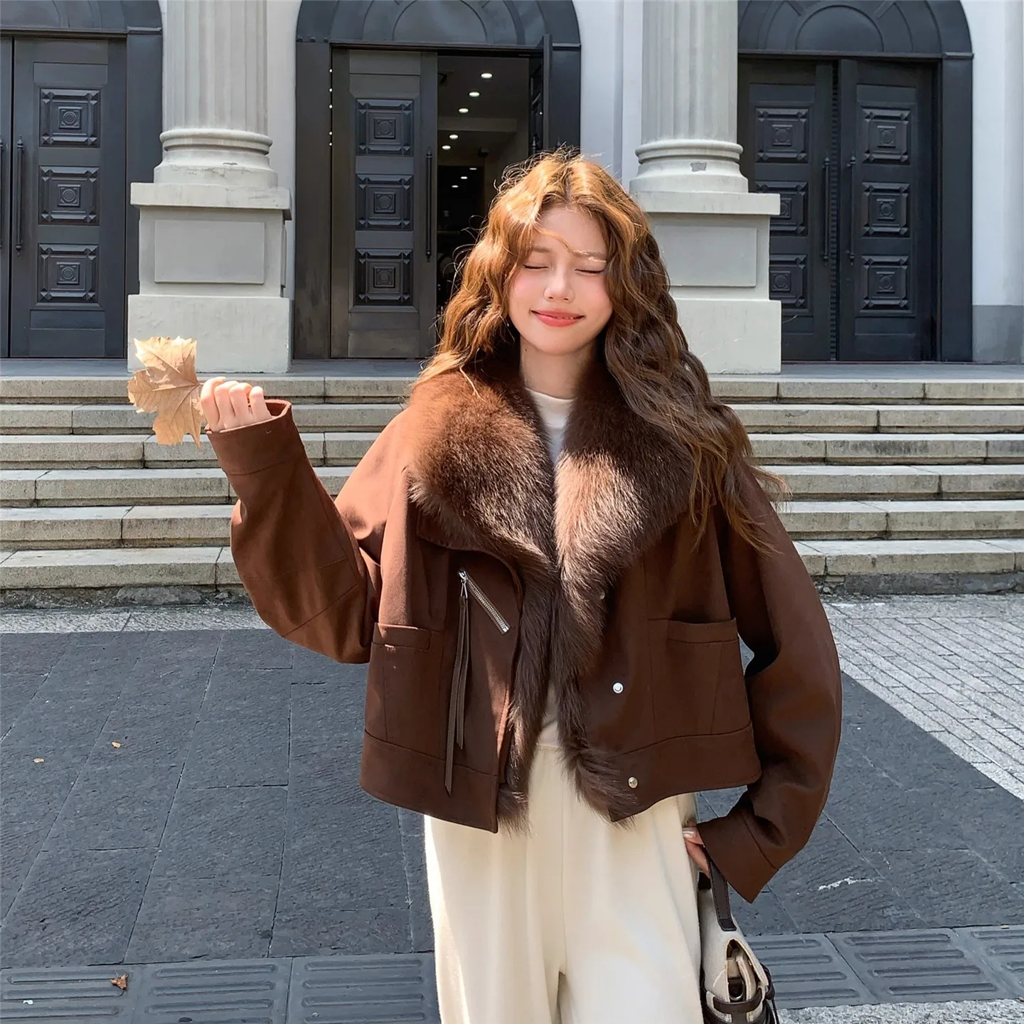 

Retro Workwear Cotton Jaet Winter Warm Outerwear Large Fur Collar Korean Sle Loose Fit Long Sve Zipper Closure C...