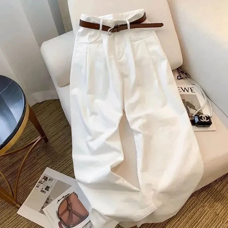 

White Wide Leg Jeans High Waist Loose Fit Casual Floor-Length Pants Women's Design Sense Pleated Loose High Waist Jeans