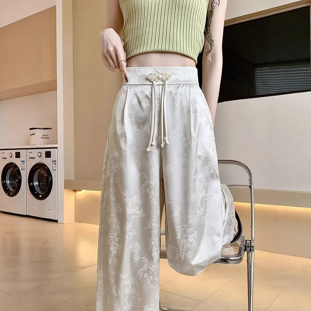 جديد النمط الصيني الاتجاه الوطني زر المطرزة الساتان بنطال ذو قصة أرجل واسعة المرأة عادية عالية الخصر التخسيس ثنى بنطلون طويل #2