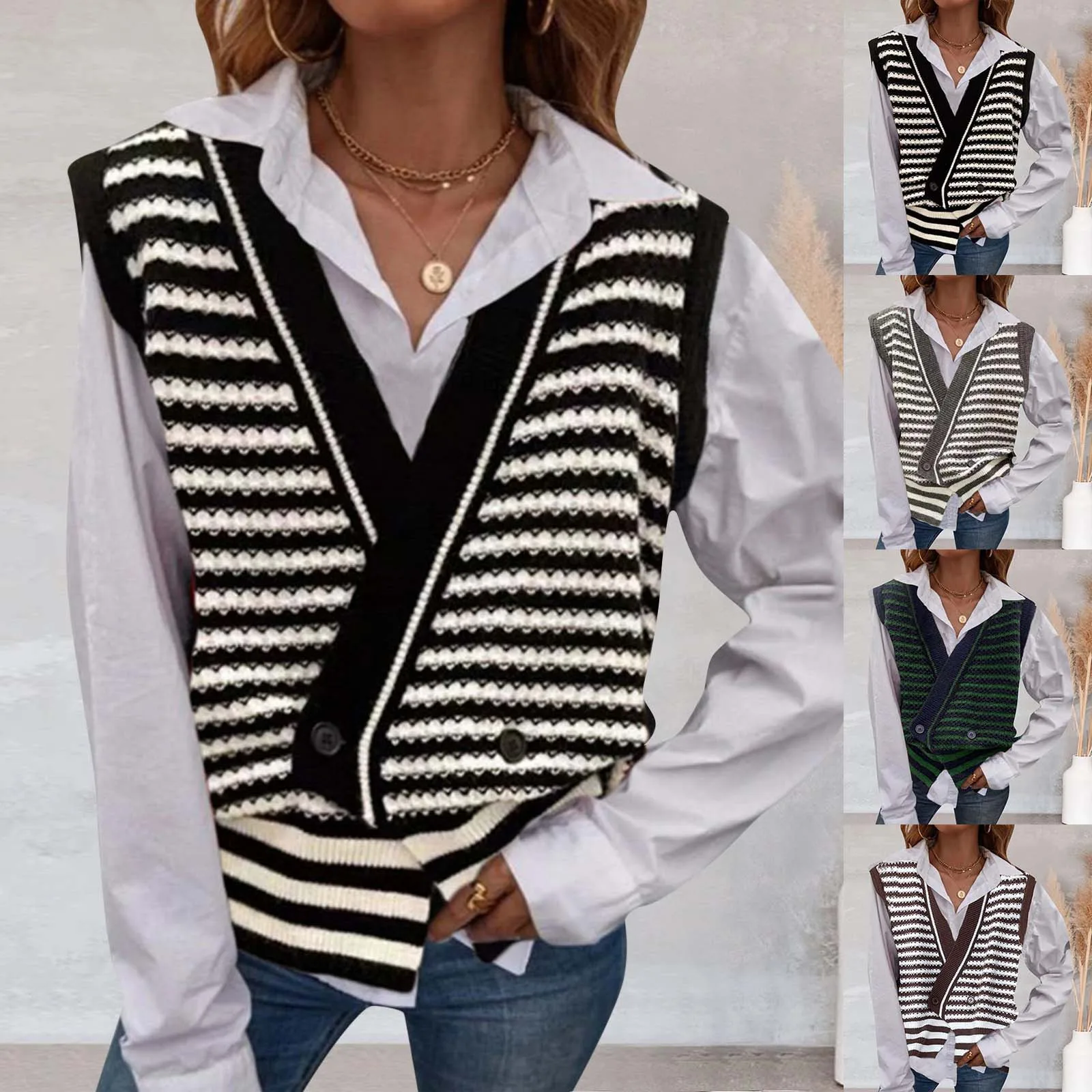 Woman Sweater Cardigans Autumn And Winter Knitted Cardigan Retro Lazy Knitted Vest Jacket Women's V-neck Striped Sweaters 2024