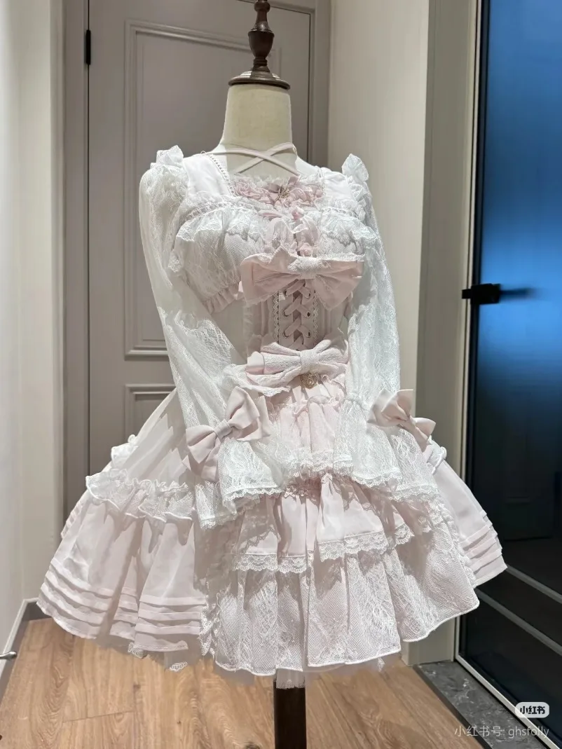 

Japanese Liz Lolita Lace Bow Princess Dress Girls Women's Lace Long Sleeve 2026 New Spring Summer Short Dresses