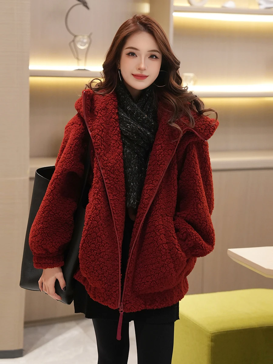 

Куртка Linda Sister из высококачественной овечьей шерсти с подкладкой, средней длины, женская, новогодняя, модная, на молнии, через плечо