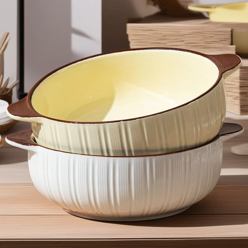 

Большая керамическая миска для супа с ручками, полосатый дизайн, термостойкая посуда для лапши, рыбы, креветок, рагу и домашнего использования на кухне