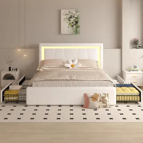 Struttura letto completa con 4 cassetti portaoggetti e testiera regolabile, letto con piattaforma imbottita con luci a LED e porte USB, Solid Wo