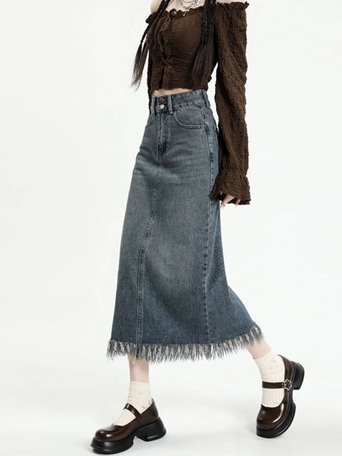

Spring Autumn Denim Ruffle Hem f Skirt Women plus Size Design Sense Retro Slimming Long Skirt High Waist A-Line Midi Skirt