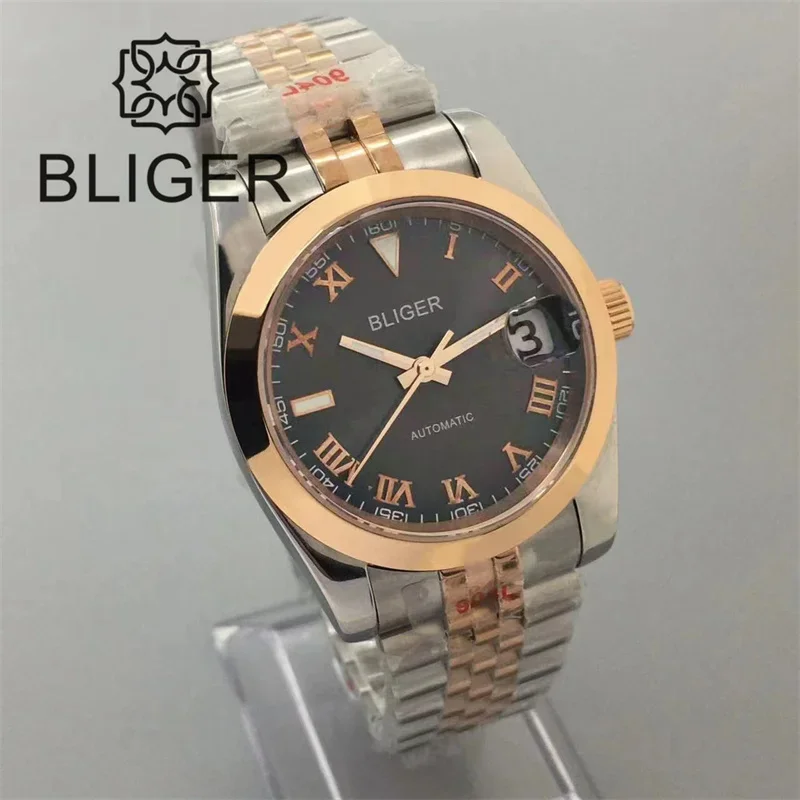 BLIGER Two Tone Rose Gold Jubilee Bracelet Men Watch 36mm/39mm NH35A Automatic Roman Numbers Grey Dial Sapphire Glass