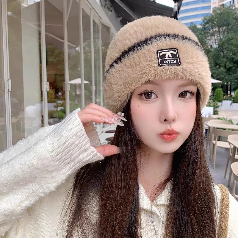 Winter Hats for Women\'s Solid Color Wool Striped Thickened Warm Knitted Beanie Fashionable Outdoor Girls Casual Pullover Hat