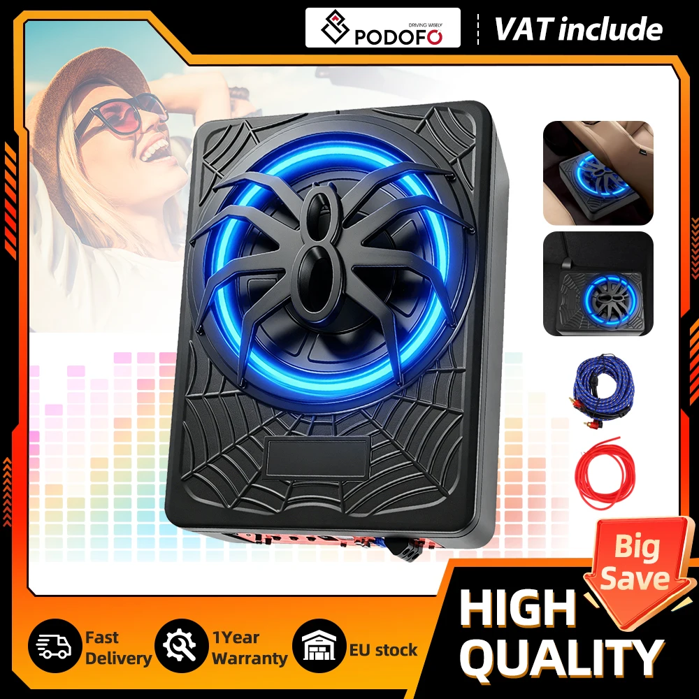 Subwoofer Podofo de 10 pulgadas, delgado, para coche, diseño bajo asiento, 1200W, amplificador integrado, luz ambiental LED azul, paquete de altavoces de bajos, equipado con cables de instalación.