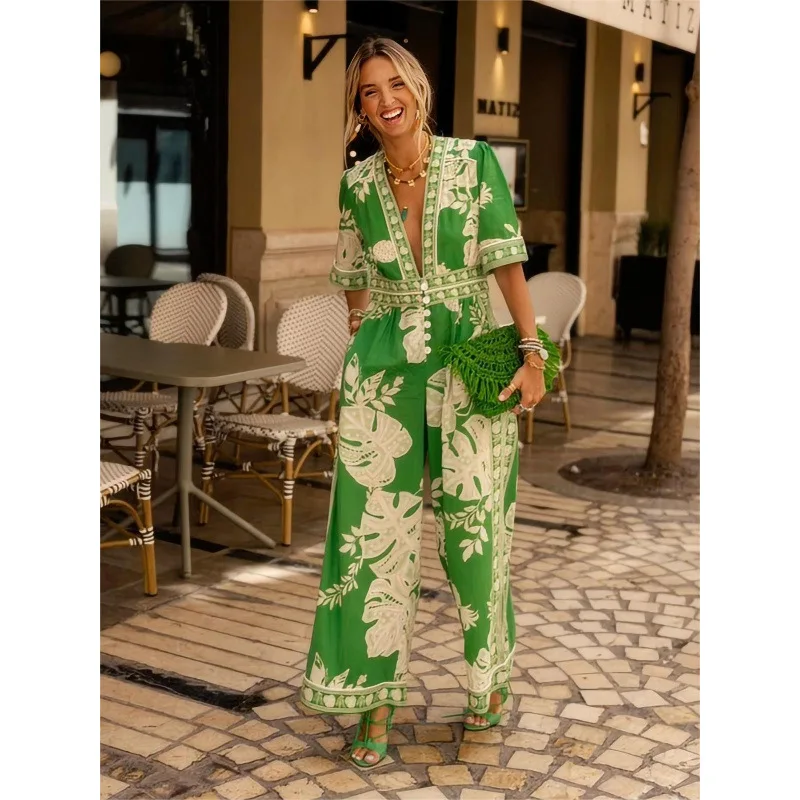 

European and American New2025Spring New Fashion Women's Clothing Station Printed JumpsuitVWomen's Short Sleeve Shirt
