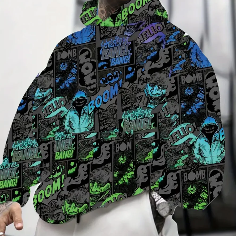 

Men's holographic gradient comic print hoodie, autumn and winter casual trend long-sleeved sweater jumper for men, as a gift