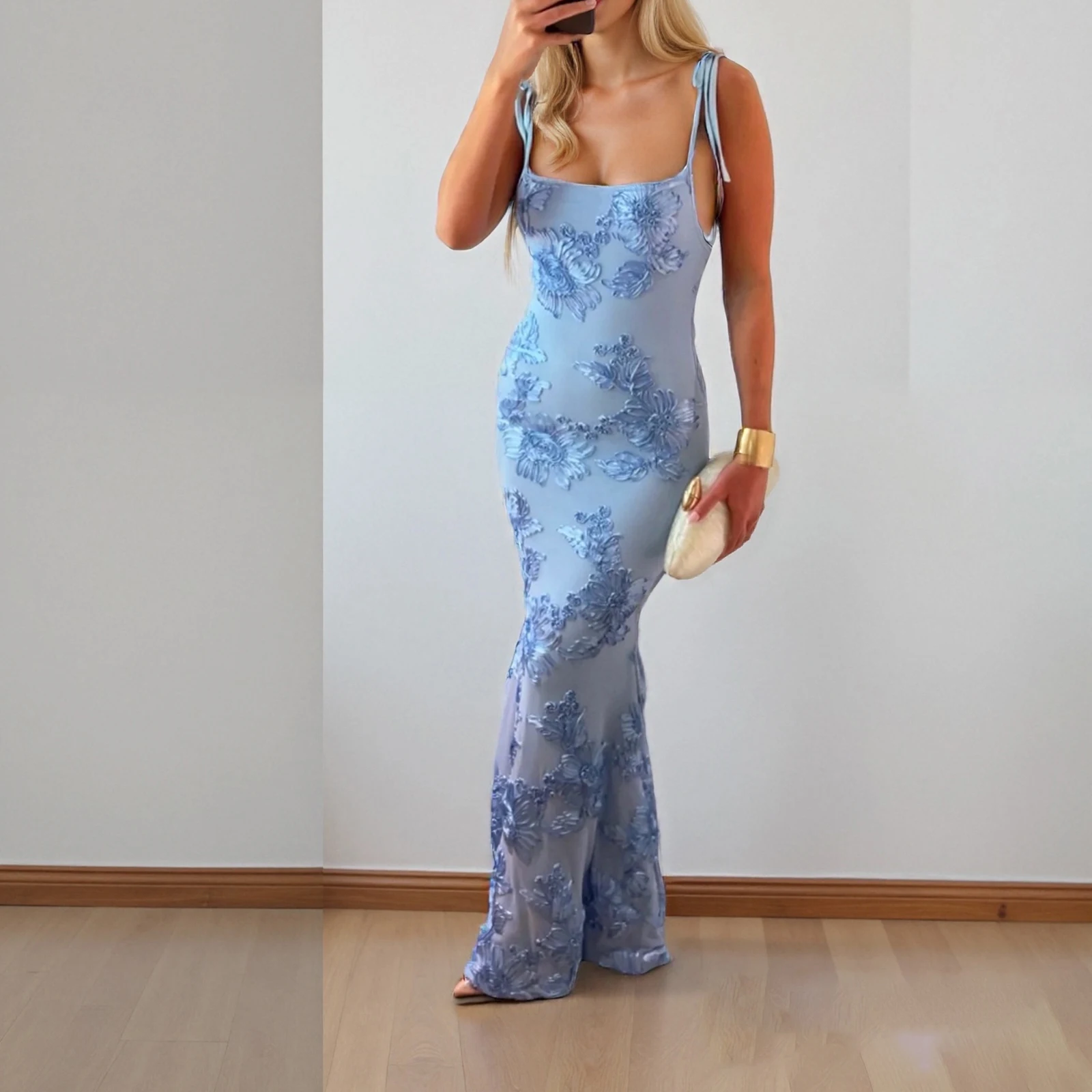 Abito da donna lungo estivo con ricamo in tinta unita di lusso, abito da spiaggia con stampa floreale, taglio basso, senza maniche