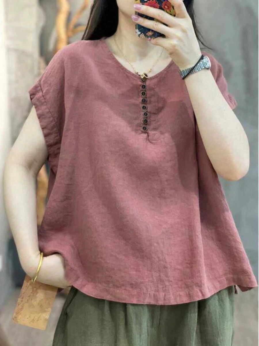 

Loose Cotton Linen irt Thin Summer Casual Vintage ort Sve Top for Mom Cover up T-irt Women's Faion Busin Commute