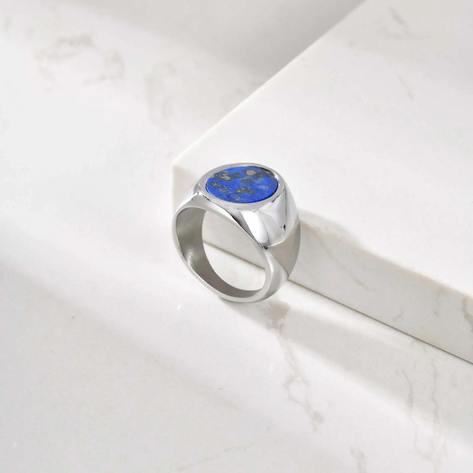Men's High Quality Stainless Steel Rings Natural Stone Fashion Round Signet Rings for Men Women Father Teens Simple Jewelry Gift - Image 5