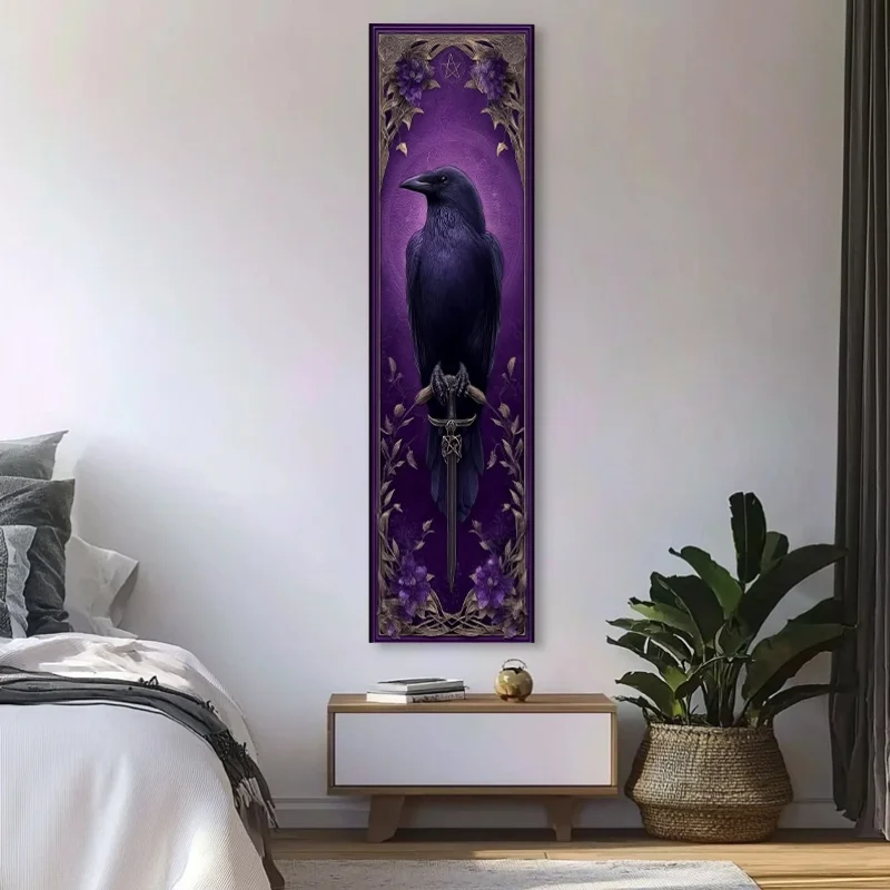 Gothic Raven Sword Tapestry Purple Pentagram Vertical Long Banner Wall Hanging Decor