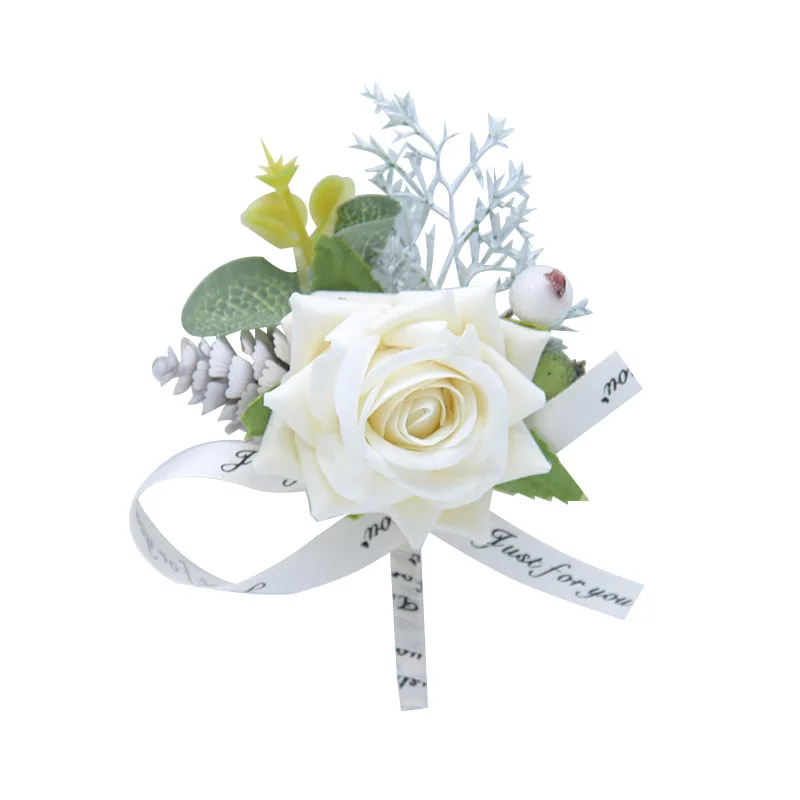 White Rose Aritifical Flowers Boutonniere with Sash Groomsmen Wedding Witness Brooch Bridesmaid Party Deco Accessories