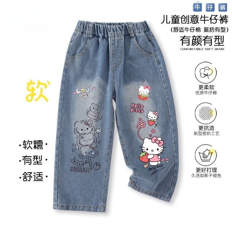 

Kawaii Hello Kitty Sanrio Students Cute Cartoon Jeans Soft Comfortable Pants Children Trousers Christmas Gifts for Kids