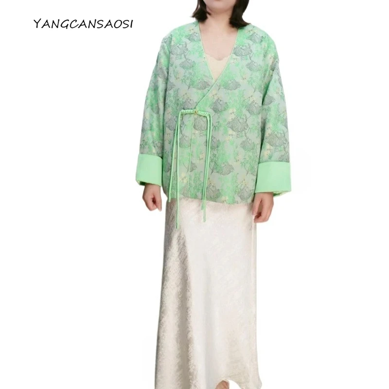 

2025 Women's Fashion Autumn New Clothing Natural Mulberry Silk Song Brocade Diagonal V-neck Long Sleeved New Chinese Style Coat