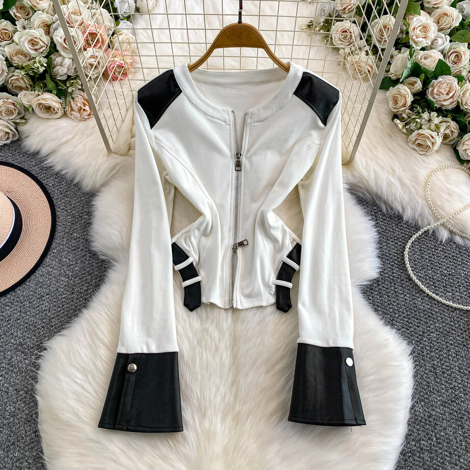 

Female Hotsweet Zipper PU Leather Patchwork Coat Jackets Lady Trendy Ins Chic Y2K Hit Color Moto Biker Punk Gothic Hippie Tops