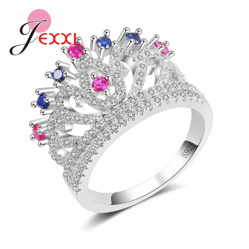 Fashion Hollow Out Crown Design With Round Clear Blue/Fuchsia Color CZ Stone 925 Sterling Silver Color Ring Gift Women Jewelry