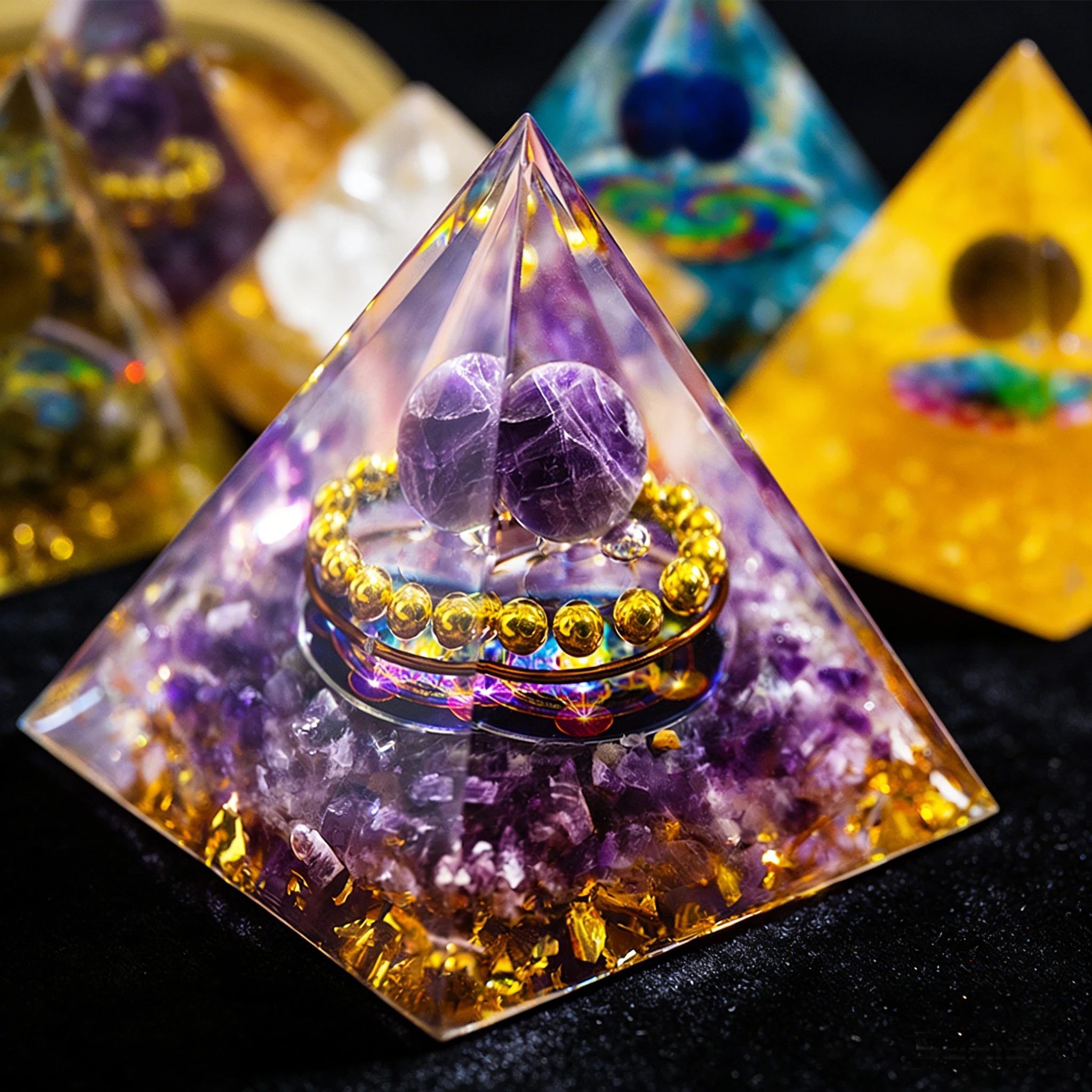 Natural Amethyst Crystal Pyramid 5cm with 7Pcs Raw Stones Clear Quartz Amethyst Lapis Lazuli Green Fluorite Tiger Eye Rose Quartz Citrine Gift Set Home Decor Desk Ornament Room Decor Collectible Specimen Christmas Gift Birthday Gift Meditation Stone Altar
