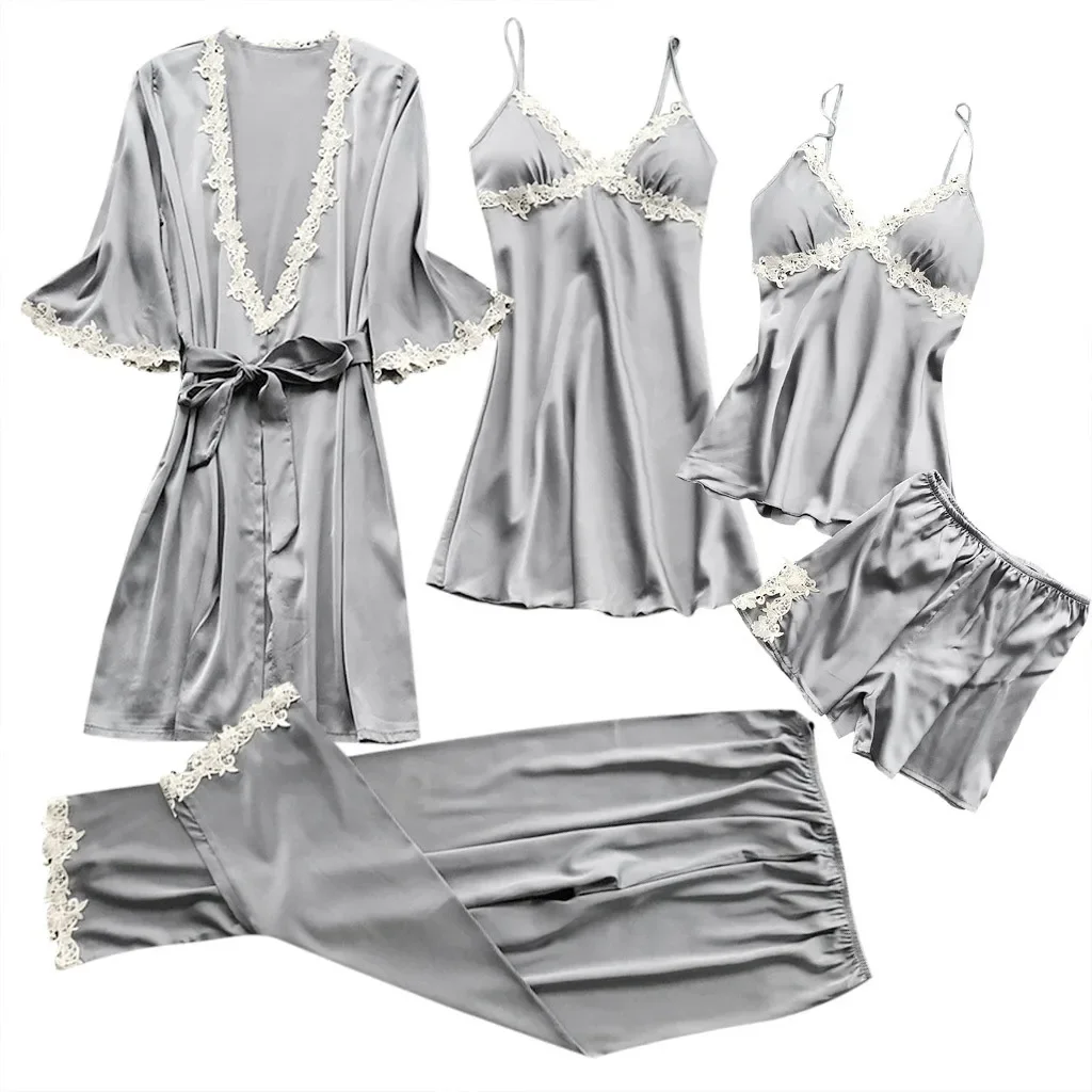 Conjunto de pijama Sexy de 5 piezas para mujer, bata de novia de media manga, ropa de casa de talla grande, camisón, albornoz de verano