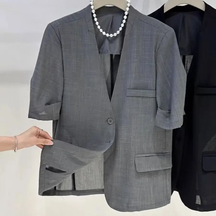 V-neck Short Sleeves Suit Jacket Simple Elegance Chic Black Grey Blazer Outerwear Commute Ladies Office Loose Solid Coat