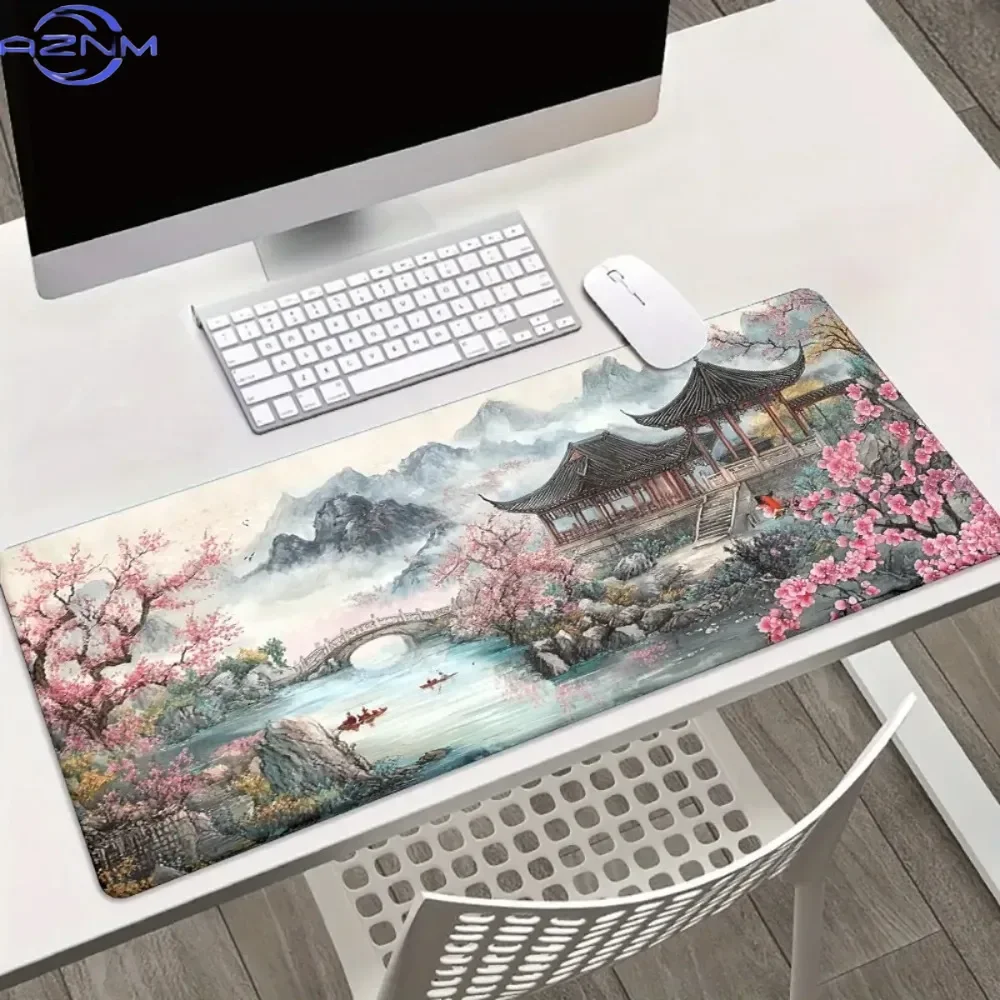 XXL game mouse pad Japanese landscape deskmat theme including towers mountains rivers non-slip surface and high definition pads