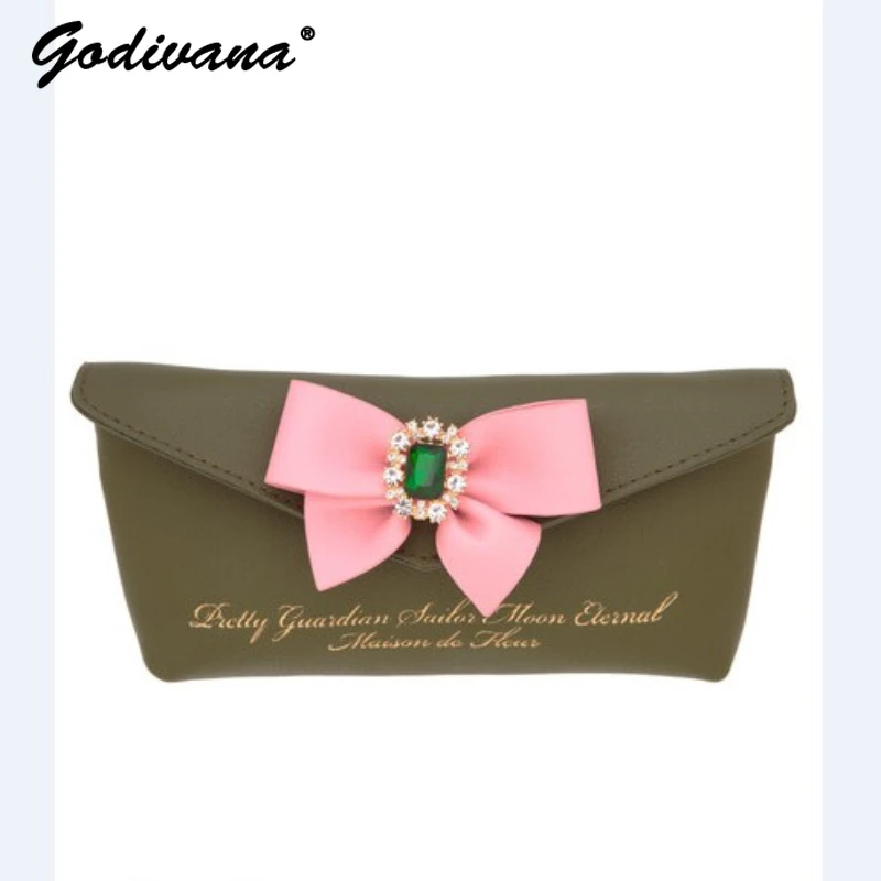 Japanese Style Spring Fashion New Rhinestone Bowknot Small Zipper Clutch Bag for Daily Necessity Girls Cosmetic Bag Pencil Case