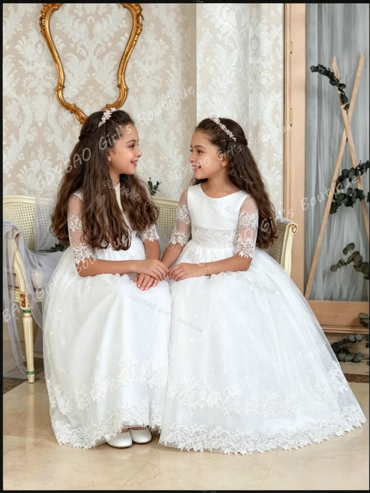 

Customized White Flower Girl Dresses Floral Appliques With Pink Bow For Wedding Birthday Party Prom Banquet Holy Communion Gown