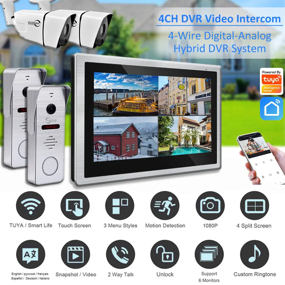 4CH IDVR Video Intercom With Camera Tuya Smart Home 10inch Touch Screen 1080P Video Doorbell Intercoms For The Apartment