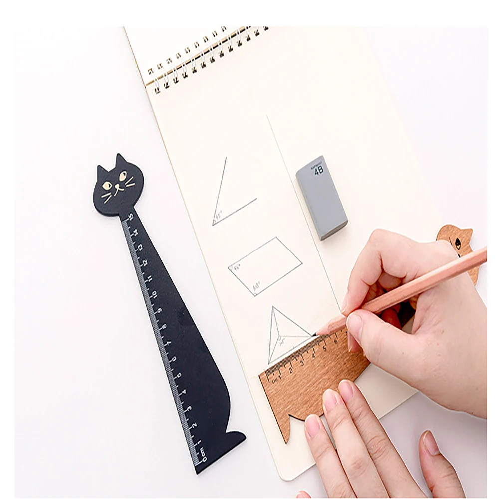 2PCS 15cm Cute Cat Straight Ruler Wooden Kawaii Measuring Tools Cartoon Drawing Gift Funny Korean Office School Stationery Gift