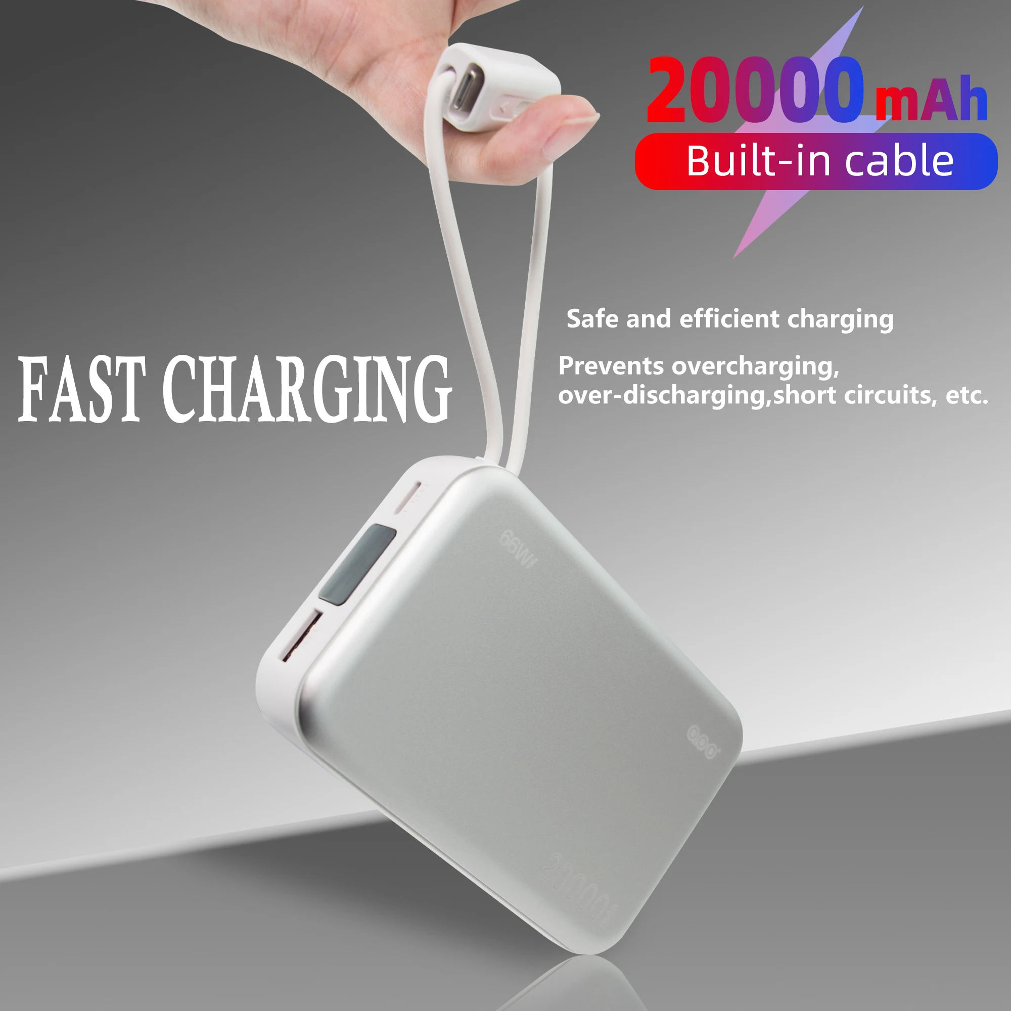 

MQIQI 20000mAh Power Bank 66W PD Fast Charging With 2 Cables Powerbank Rechargeable Batteries For iPhone 16 15 14 Xiaomi Huawei