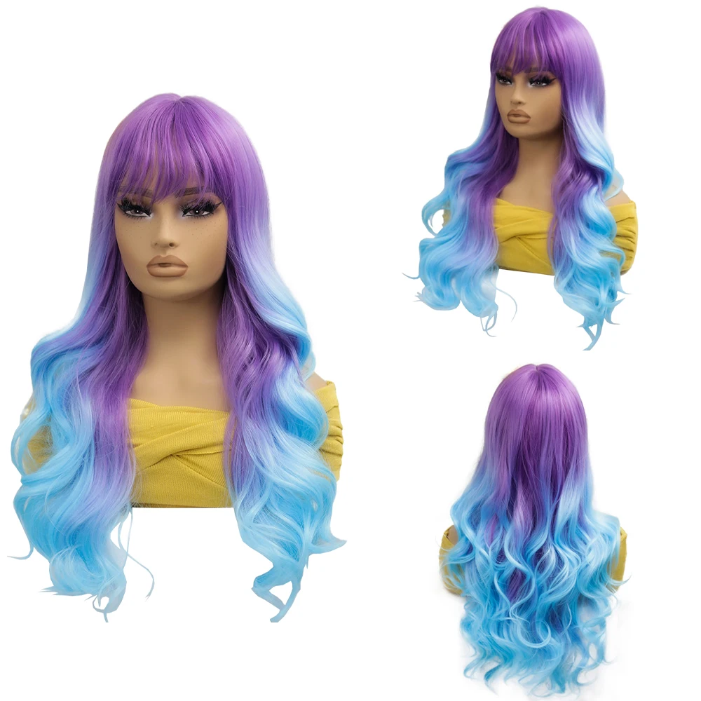 Purple And Blue Ombre Synthetic Wavy Long Curly Bangs Are Suitable For Women'S Daily Party Fluffy And Heat-Resistant Lolita Wigs