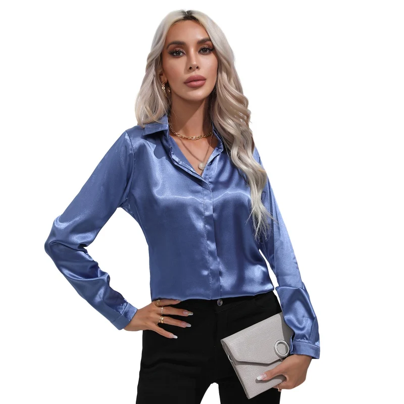 Womens Long Sleeve Button Down Satin Shirts Work Business Casual Blouses Tops