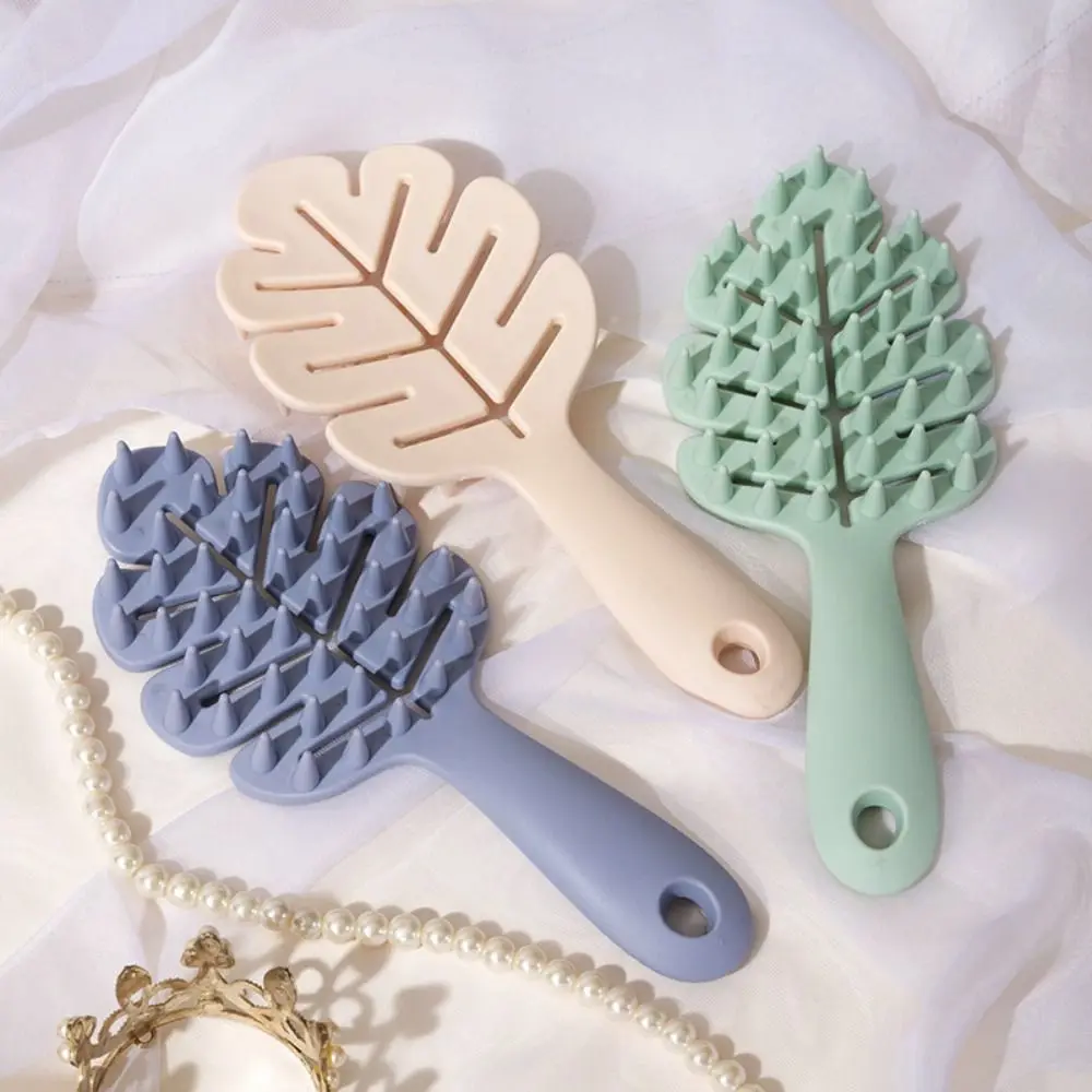 Fashion Hair Styling Scalp Massage Comb Silicone Bristles Long Handle Scalp Brush Leaf Shape Hair Care Styling Brushes