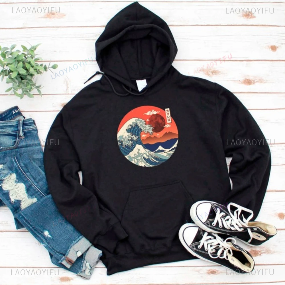 

The Great Wave Off Kanagawa Woman Man Винтажная толстовка с принтом Kanagawa Hokusai Wave Японское аниме Зимняя теплая толстовка