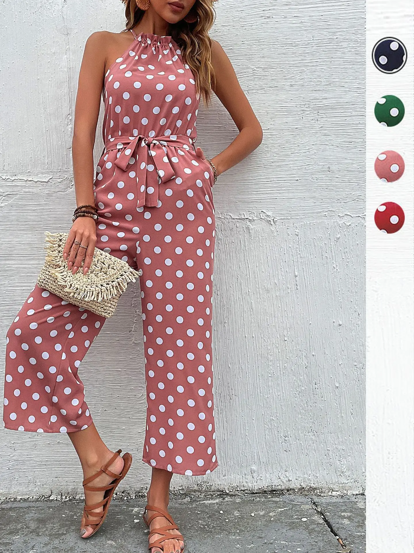 

Модный комбинезон в горошек, летние брюки с широкими штанинами и широкими штанинами, тонкие длинные брюки из полиэфирного волокна